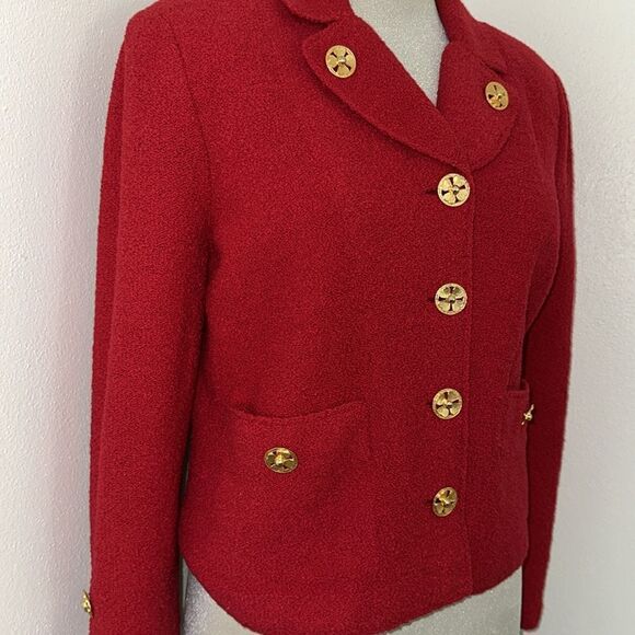 Adolfo Saks Fifth Avenue red wool skirt suit jacket 6 medium m gold - Picture 1 of 14